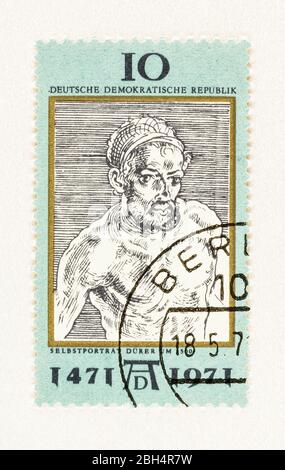 SEATTLE WASHINGTON - April 22, 2020:  1971 East German postage featuring Albrecht Durer self-portrait commemorating 500 years since birth. Stock Photo