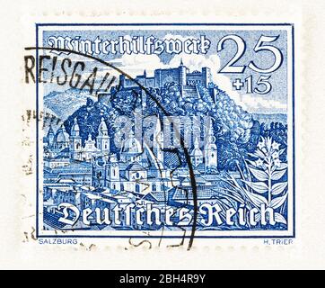 SEATTLE WASHINGTON - April 22, 2020:  1939 German Reich Winter Relief postage with charity surcharge featuring landscape of Salzburg Scott # B167 Stock Photo