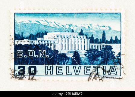 SEATTLE WASHINGTON - April 18, 2020:  Swiss postage stamp to celebrate the Opening of the Assembly Hall of the Palace of the League of Nations in Gene Stock Photo