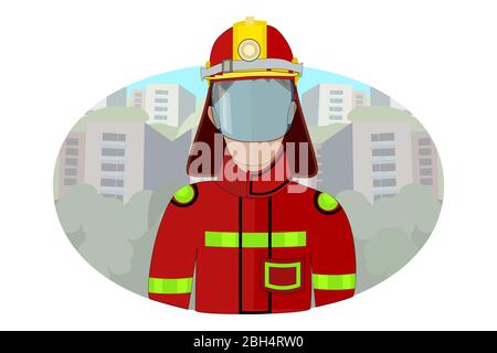 Fireman isolated on white background. Icon of man in firefighter uniform. Poster design with fireman on city view. International Firefighters' Day. Stock Vector