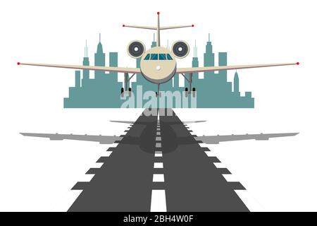 passenger plane fly up over take-off runway from airport at sunset Stock Vector