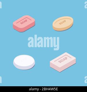Soap flat style isometric style vector illustration. Square, round and other soap shapes. Colorful soaps. Stock Vector