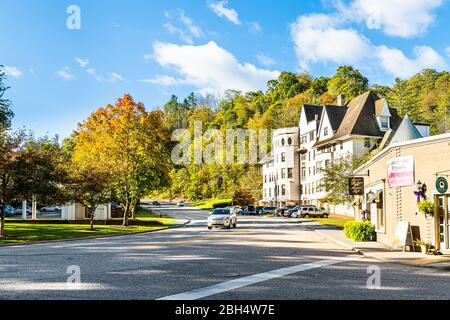 Hot Springs, USA - October 18, 2019: Historic downtown town street road in village city in Virginia countryside with old building architecture Stock Photo