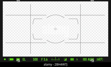 Photo camera realistic viewfinder overlay with image settings and autofocus points. 16:9 full hd format of frame template. DSLR professional camera fr Stock Vector