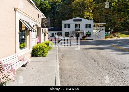 Hot Springs, USA - October 18, 2019: Historic downtown town empty street road in village city in Virginia countryside with old building architecture a Stock Photo