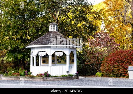 Warm Springs, USA - October 18, 2019: Historic downtown town and small pavilion on street road in city in Virginia countryside with old building archi Stock Photo