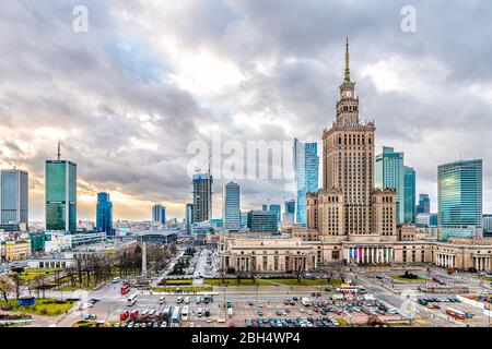 Warsaw, Poland - January 22, 2020: High angle aerial panoramic view of Warszawa cityscape skyline with centralna train station and palace of culture a Stock Photo