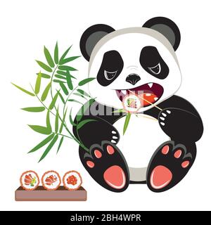 Cute cartoon panda bear eating tasty sushi design. Stock Vector