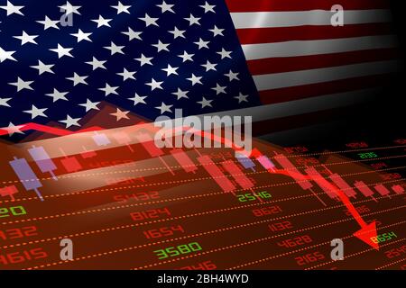 United States economic downturn with stock exchange market showing stock chart down and in red negative territory. Business and financial money market Stock Photo