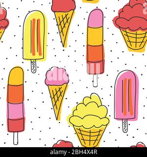 Popsicle seamless pattern vector illustration. Hand drawn cute Popsicle in pink red orange and yellow on a black and white spotted background. Stock Vector