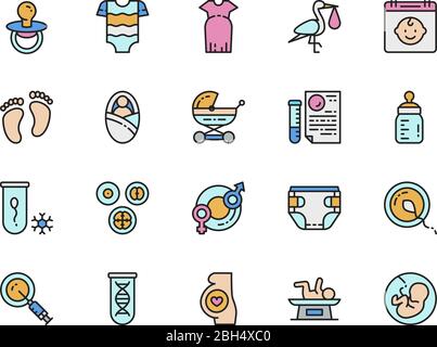 Set of Pregnancy Flat Color Line Icons. Newborn, Dna Tests, Embryos and more. Stock Vector