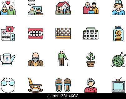 Set of Nursing Home Flat Color Line Icons. Pensioner, Hospital, Seniors and more Stock Vector