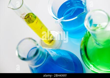 Colorful liquid in beakers Stock Photo