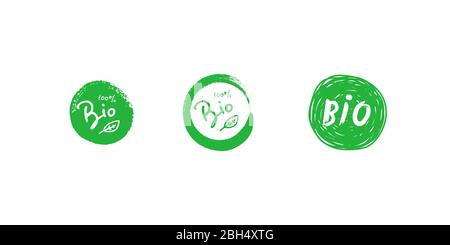 Set of bio 100 percent tree leaf handwritten green brush circle badge. Design element for packaging design and promotional material. Vector Stock Vector