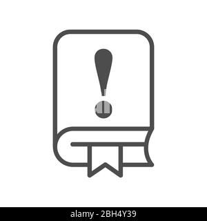 Vector icon of a book with an exclamation mark. Flat design, empty outline isolated on white background Stock Vector