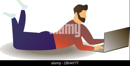 Cartoon vector illustration of Man chatting with girl while resting with laptop or woking freelance Stock Vector