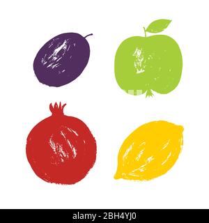 Brush simple stamp hand drawn textured fruits set. Food, lemon, pomegranate, apple, plum Stock Vector