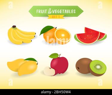 Fruit & Vegetable sets, minimal style. Fresh fruits with banana, orange, watermelon, mango, apple, and kiwi. Stock Vector
