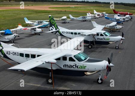 Planes at Maun Airport, Maun, Botswana, Africa - aerial Stock Photo