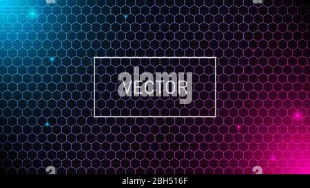 Hexagonal grid background with pink and blue glows. Geometric pattern. VHS effect. Design for banner. Eps 10 Stock Vector