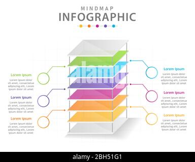 Infographic template for business. 6 Steps Modern Mindmap diagram with layers, presentation vector infographic. Stock Vector