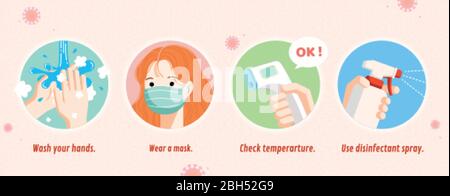 Four simple ways to prevent coronavirus including wash hands, wear a mask, check temperature and use disinfectant spray, COVID-19 prevention flat illu Stock Vector
