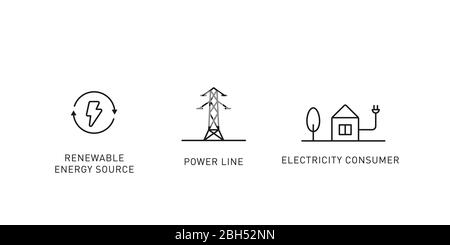 Sequence from renewable energy source to consumer thin line icon. Design element for renewable energy, green technology. Vector illustration. Stock Vector