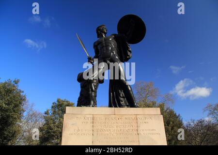 Located in Hyde Park, London, statue of Achilles, the Greek hero of the Trojan War, commemorates the soldier and politician, Arthur Wellesley Stock Photo