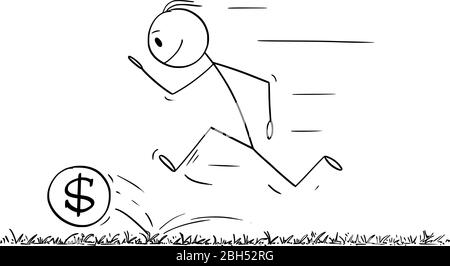 Vector cartoon stick figure drawing conceptual illustration of man or businessman playing football or soccer with dollar symbol ball. Running to score a goal. Stock Vector