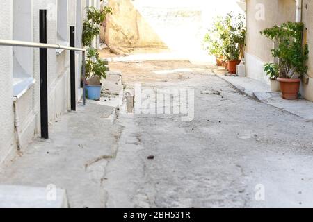 A small tabby shorthair kitten walks alone in a back alley in the Plaka district of Athens, Greece. Stock Photo