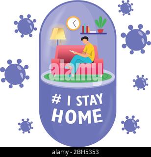 Self isolation concept in tablet form. Young man working from home during Covid-19. All stay at home. Self-isolate from a pandemic. Stock Vector