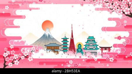 Japan landmark travel banner, with world famous attractions of Japan framed by pink auspicious cloud and blooming cheery blossom Stock Vector