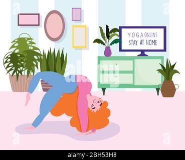 online yoga, stay at home, young woman practicing yoga in room vector illustration Stock Vector