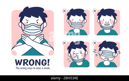 COVID-19 prevention illustration, the incorrect examples of wearing a mask Stock Vector