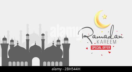Ramadan sale, web header or banner design with golden crescent moon background. Stock Vector