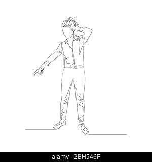 Continuous one line woman points the direction with her forefinger down and holds her head. Vector Stock Vector