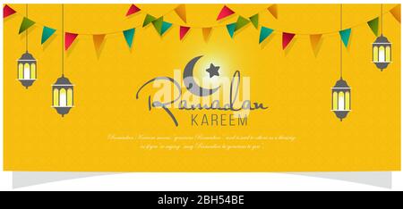 Arabic Calligraphy of Ramadan Kareem Text with Hanging Illuminated Lanterns on Yellow Backgrounds Stock Vector