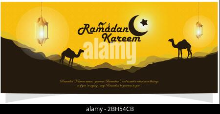 Ramadan Kareem greeting background Islamic with silhouette camel on yellow color backgrounds Stock Vector