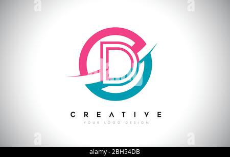 D Letter Design logo icon with circle and swoosh design and blue pink color vector illustration. Stock Vector