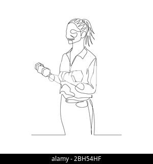 Continuous one line woman with ponytail in shirt lifts dumbbells. Vector Stock Vector