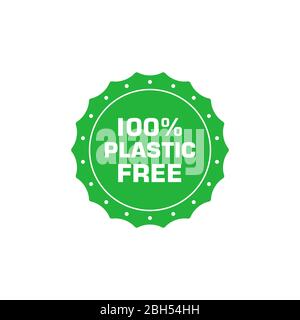 Plastic free 100 percent green round sticker. Eco friendly concept design element. Vector illustration. Stock Vector