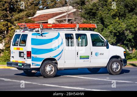 Feb 10, 2020 Sunnyvale / CA / USA - AT&T service van side view; AT&T emblem displayed on the side Stock Photo