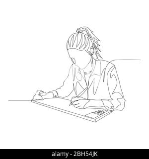 Continuous one line woman drawing on graphic tablet. Digital artist. Vector Stock Vector