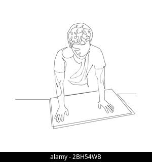 Continuous one line man leaned over the table. Thinking about serious plans, problems or ideas. Vector stock illustration. Stock Vector