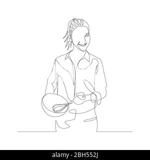Continuous one line woman beats eggs in a bowl with a whisk. Culinary theme, kitchen appliances. Vector Stock Vector