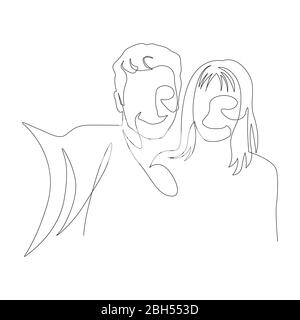 Continuous one line selfie of a couple in love. Vector illustration. Stock Vector