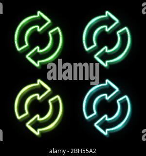 Recycling ecology icon set in neon style on black background. 3d glowing green blue eco sign concept. 2 arrows in circle recycle symbol. Organic natur Stock Vector