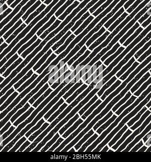 Seamless ink stripes geometric vector pattern. Monochrome black and white slanted brush strokes background. Hand draw diagonal lines. Stock Vector