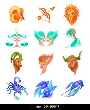 zodiac signs flat buttons set of horoscope symbols, astrology icons collection Stock Vector