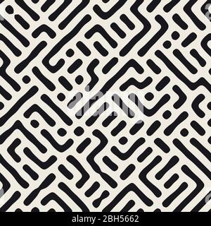Vector seamless maze pattern. Monochrome organic shapes texture. Abstract rounded messy lines stylish background. Stock Vector